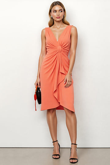 Bodycon Ruched V-Neck Orange Midi Work Dress